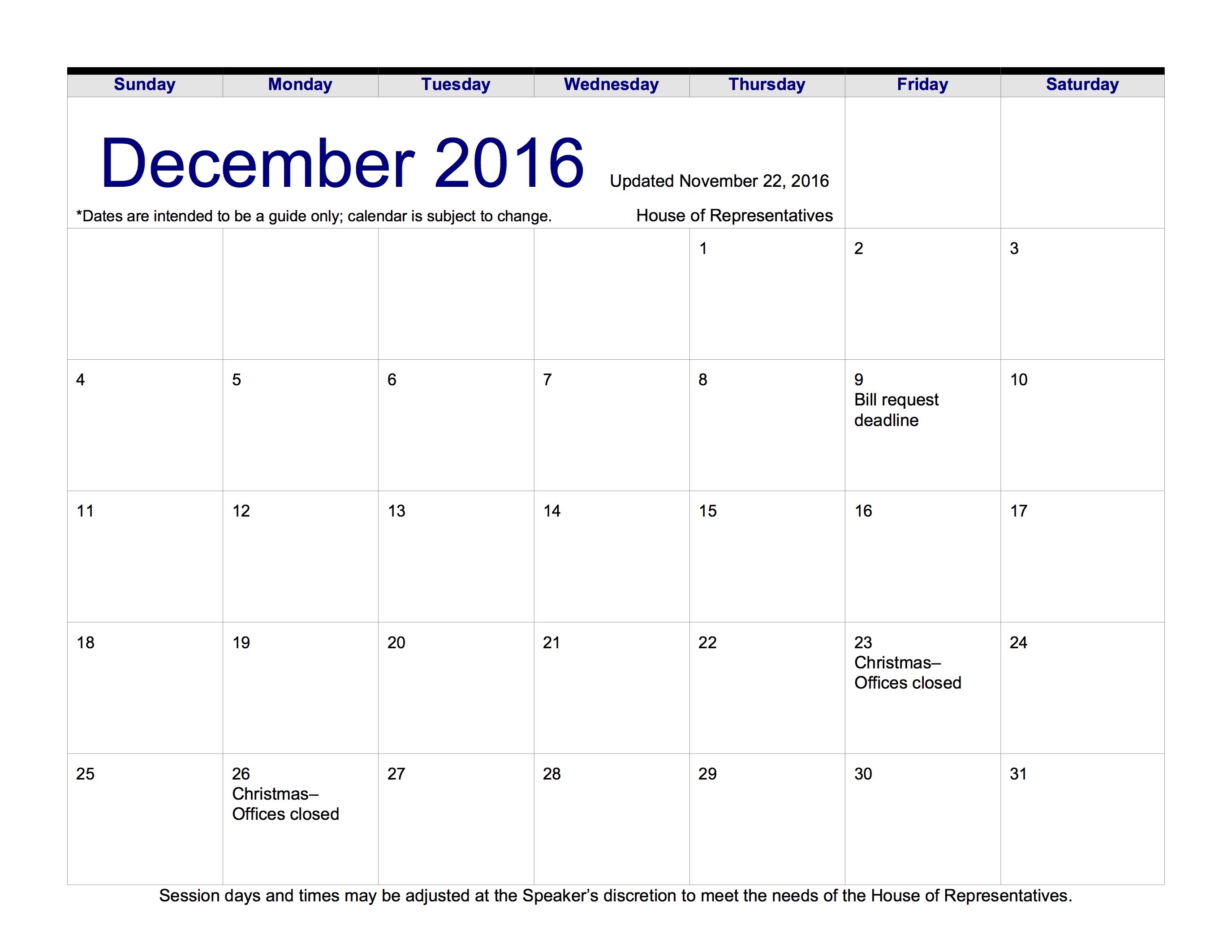House Session Calendar 2017 2 Aim