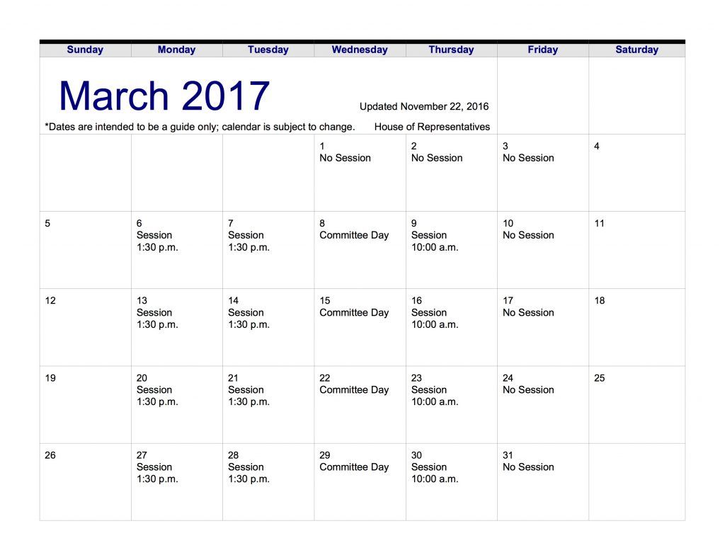 House Session Calendar 2017 5 Aim